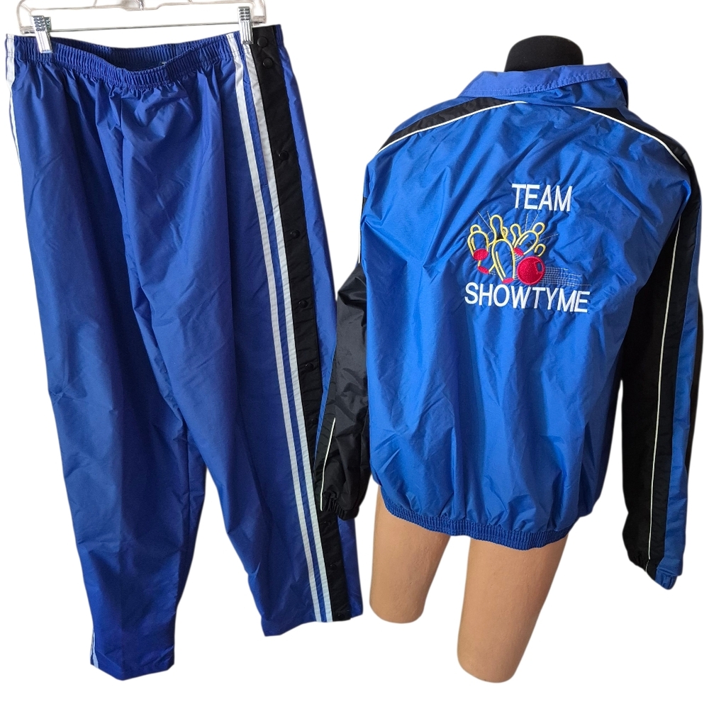 Vintage 90s Blue Black Bowling Nylon Suit Xl